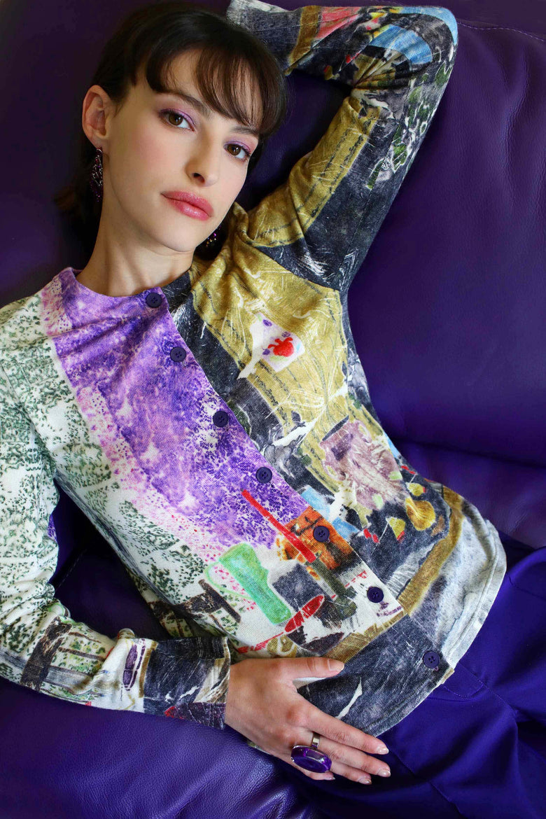 vêtement artist la marque cardigan-imprime-couleur-pourpre