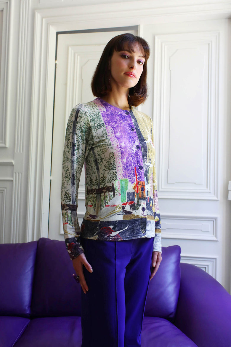 vêtement artist la marque cardigan-imprime-couleur-pourpre