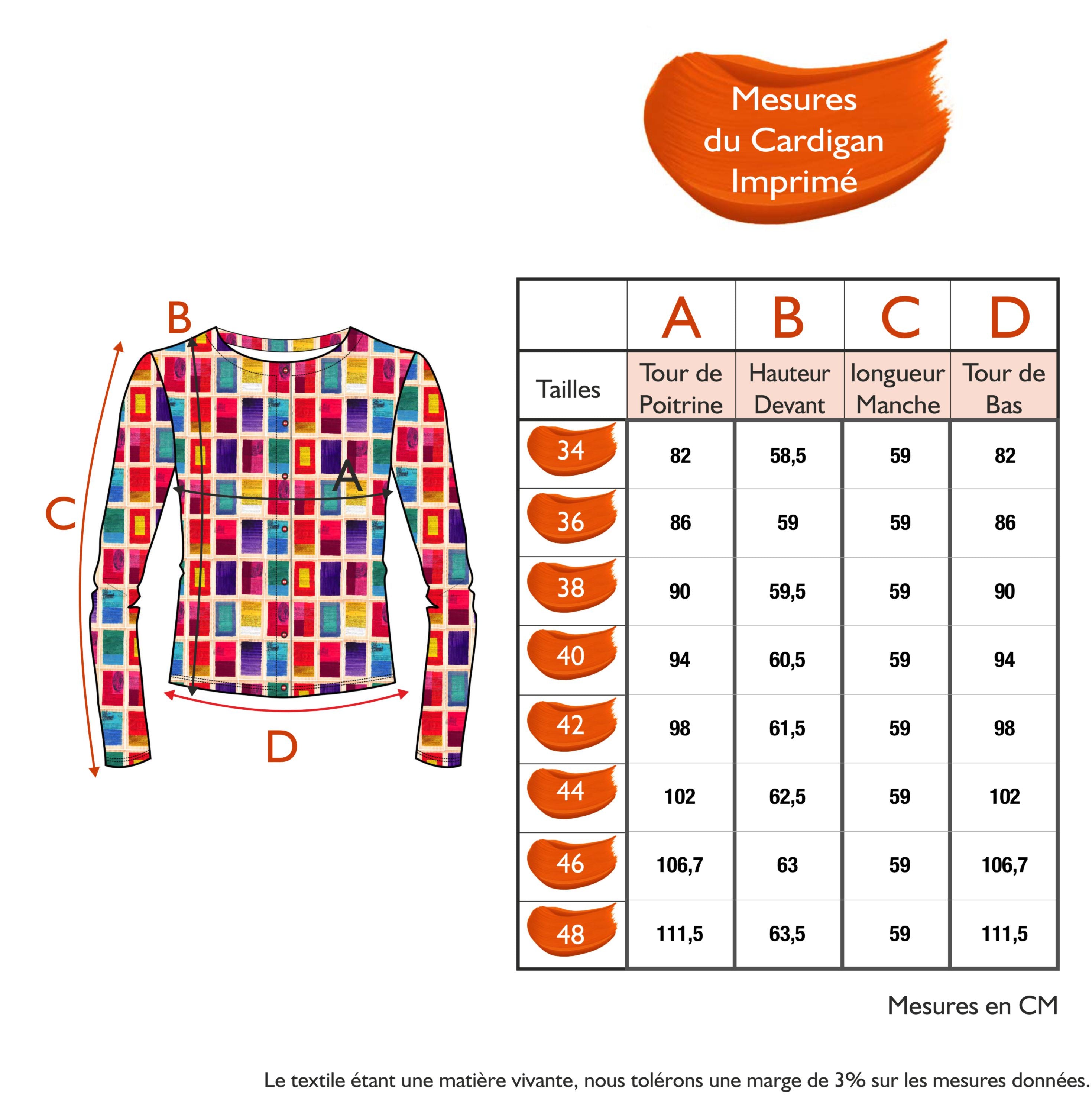 Guide des tailles - LE CARDIGAN IMPRIMÉ | MILLE ET UNE COULEURS