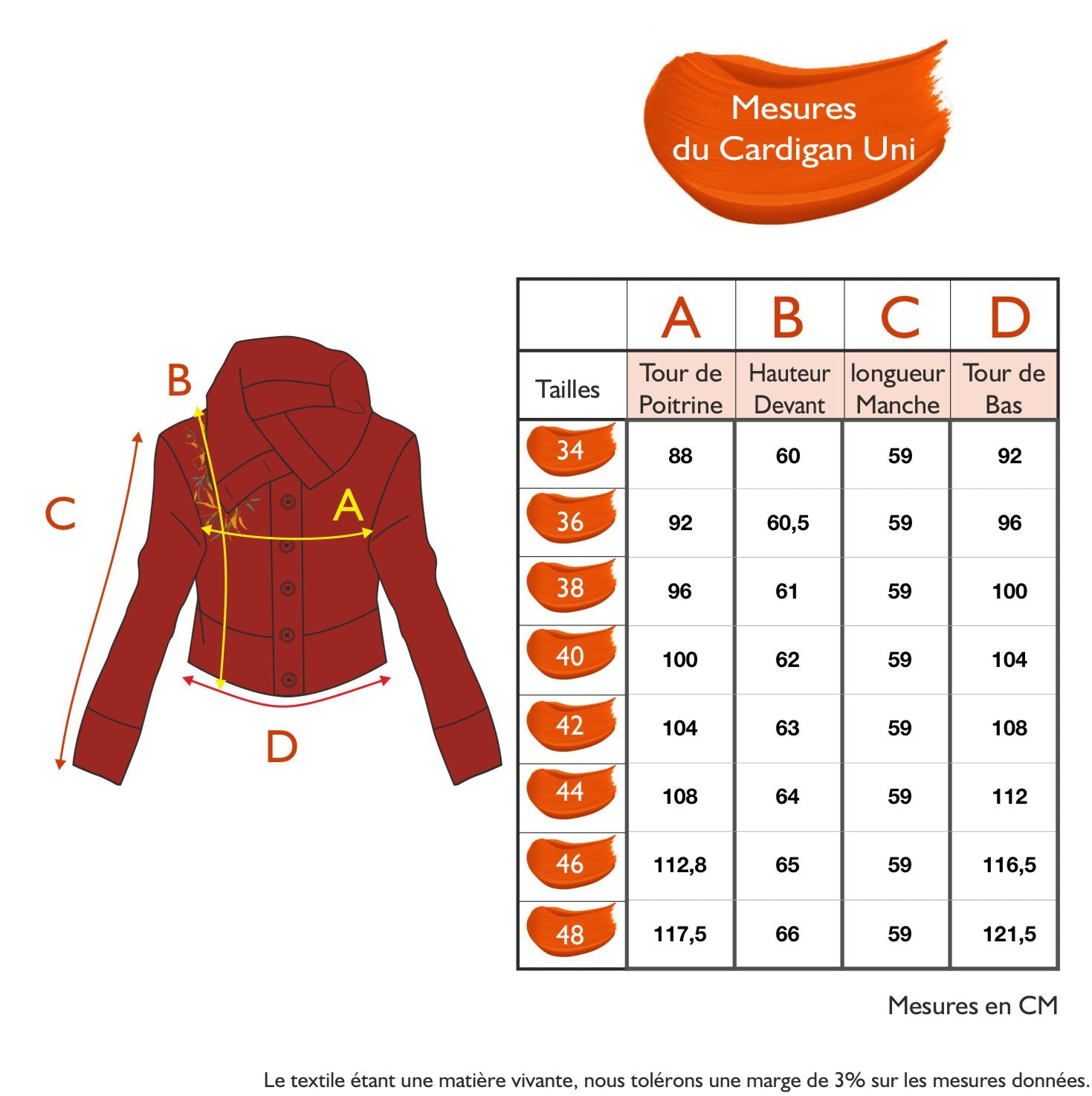 Guide des tailles - LE CARDIGAN UNI BRODÉ | JARDINS ENCHANTES