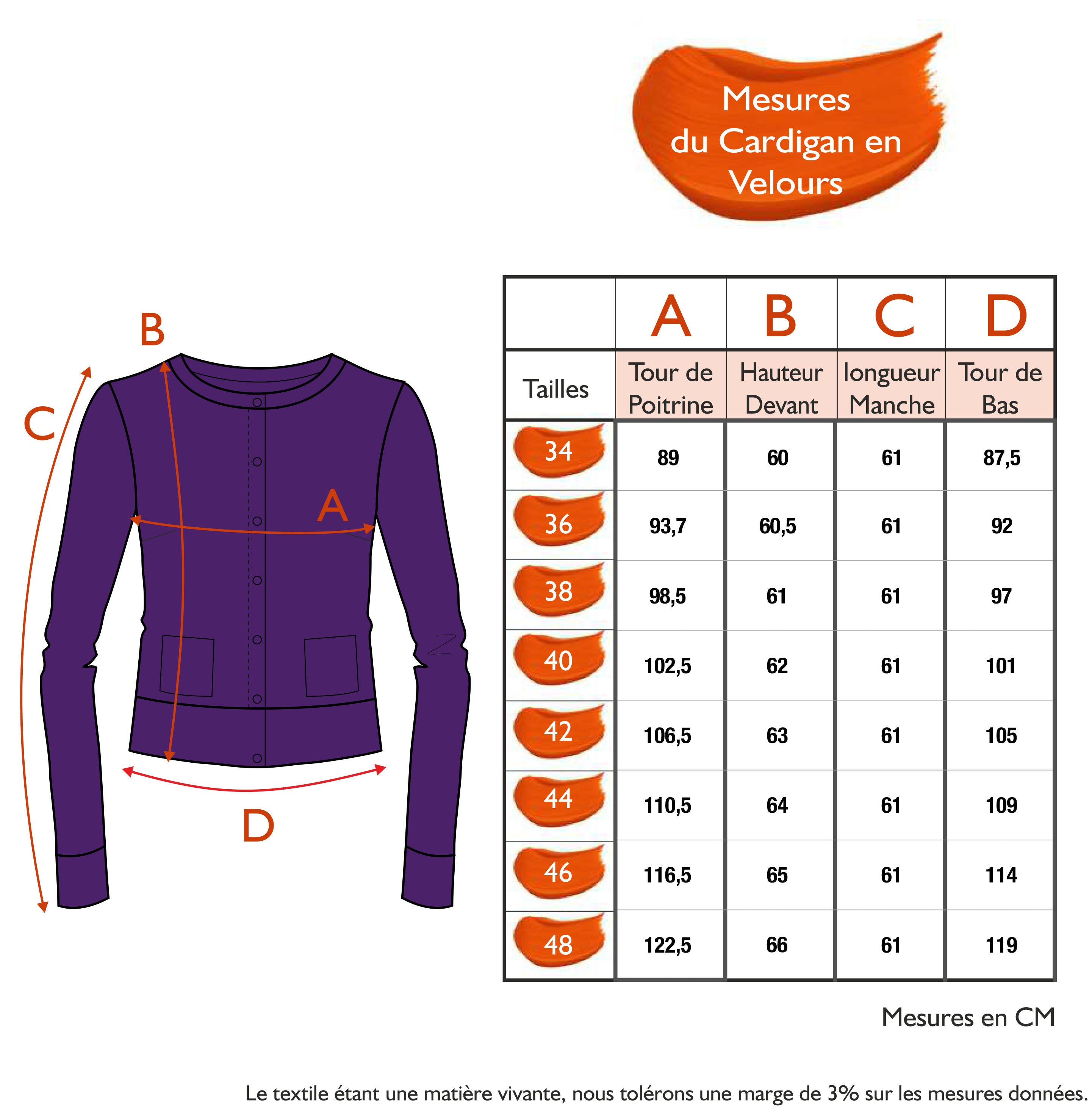 Guide des tailles - LE CARDIGAN EN VELOURS | COULEUR POURPRE