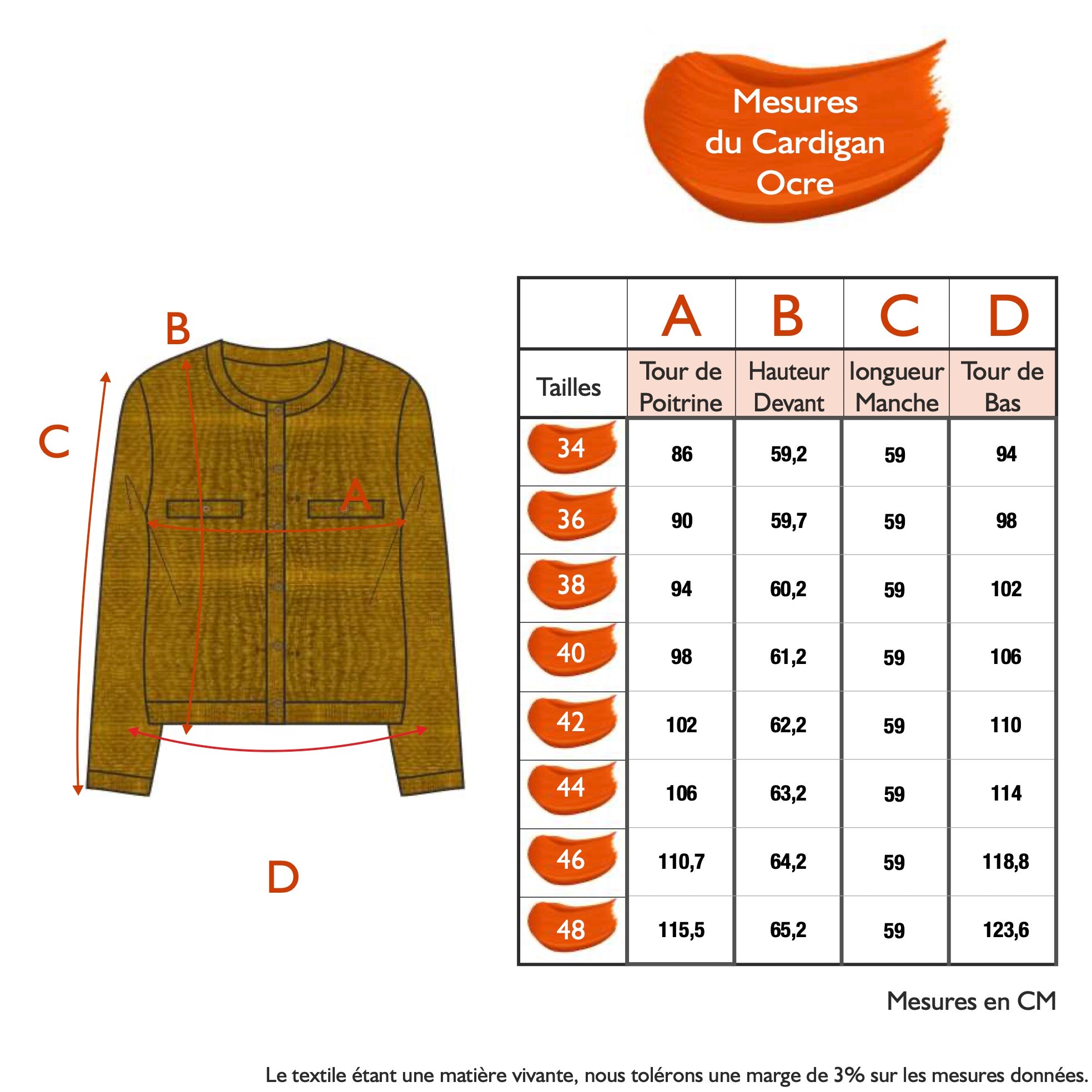 Guide des tailles - LE CARDIGAN OCRE | TOUS ENSEMBLE