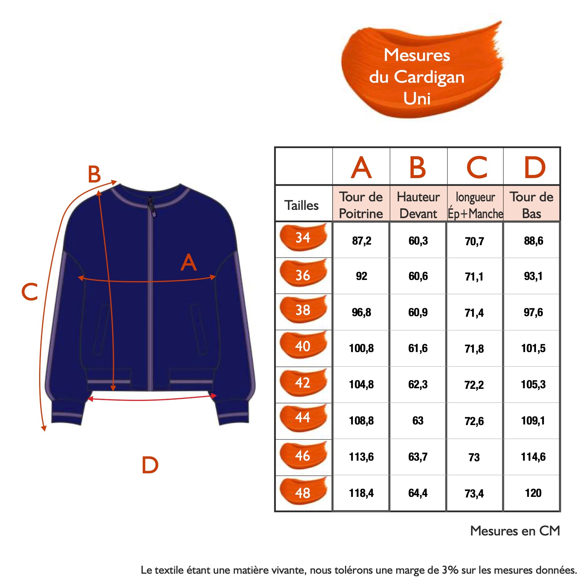 Guide des tailles - LE CARDIGAN UNI | LES GRANDS CHEMINS