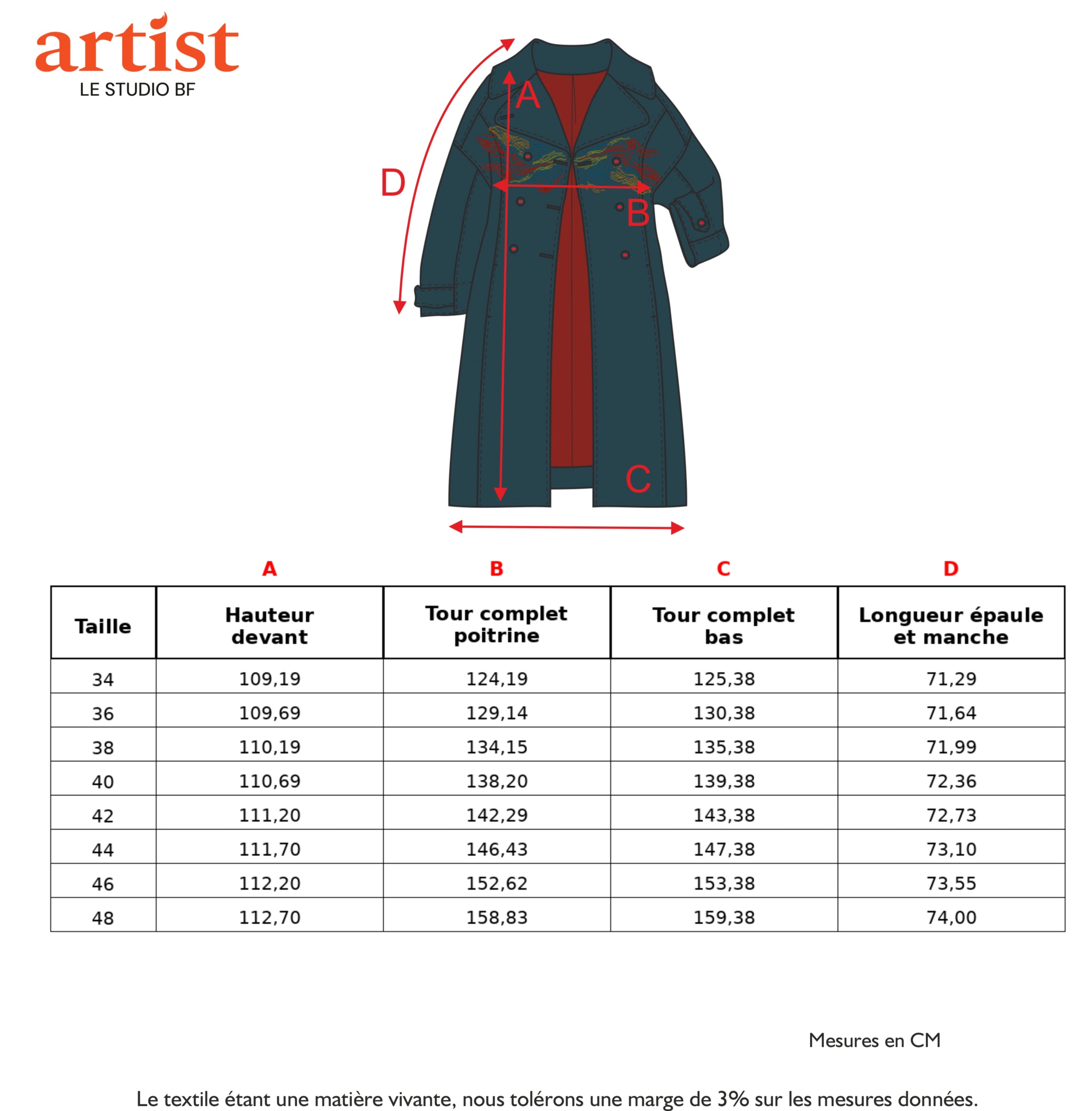 Guide des tailles - LE MANTEAU | SUR LA ROUTE DE MOUSTIERS
