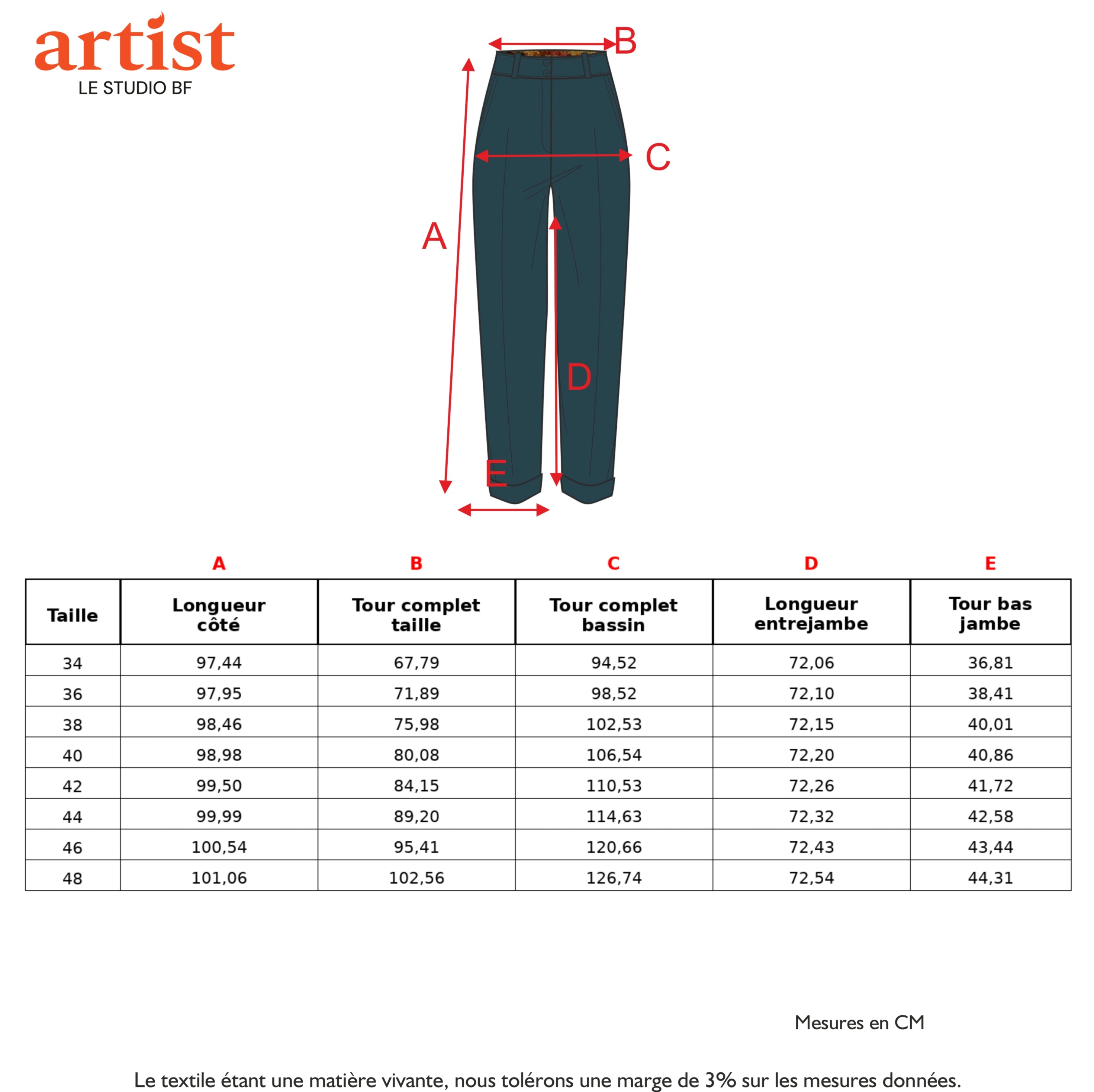 Guide des tailles - LE PANTALON | SUR LA ROUTE DE MOUSTIERS
