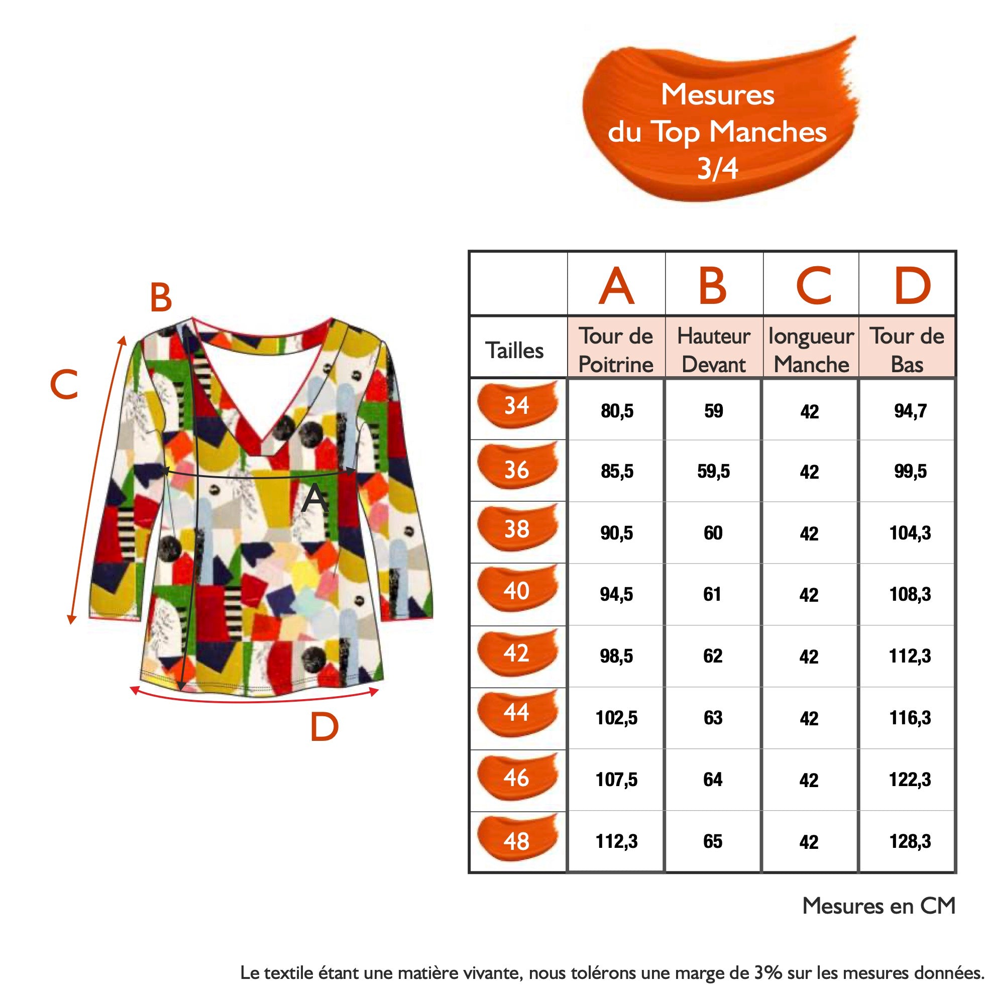 Guide des tailles - LE TOP MANCHES 3/4 | TOUS ENSEMBLE