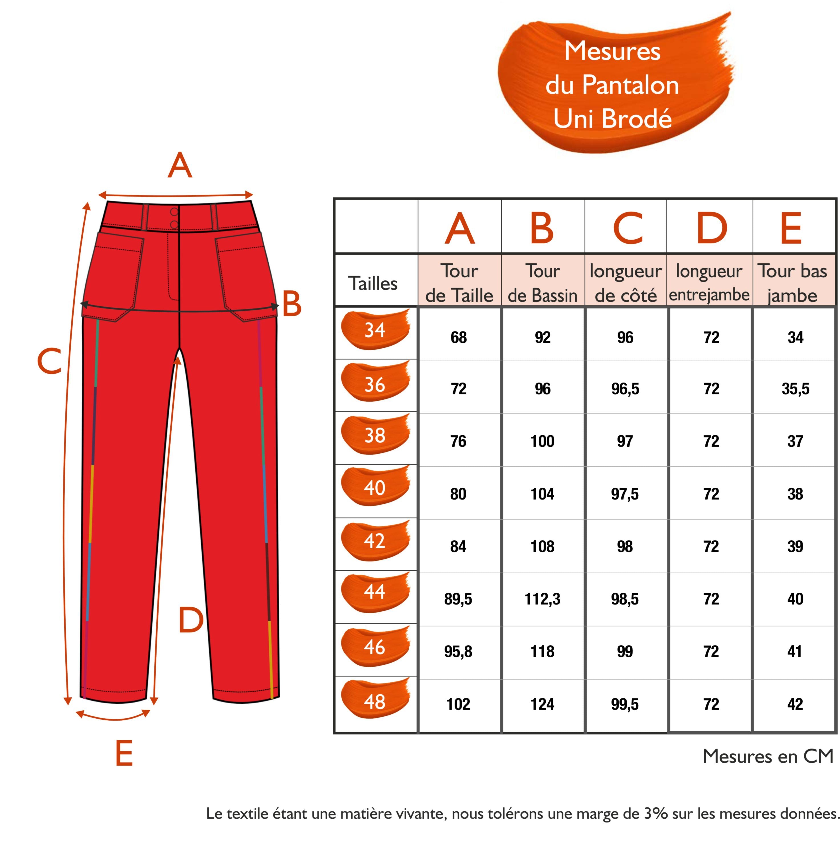 Guide des tailles - LE PANTALON UNI BRODÉ | MILLE ET UNE COULEURS