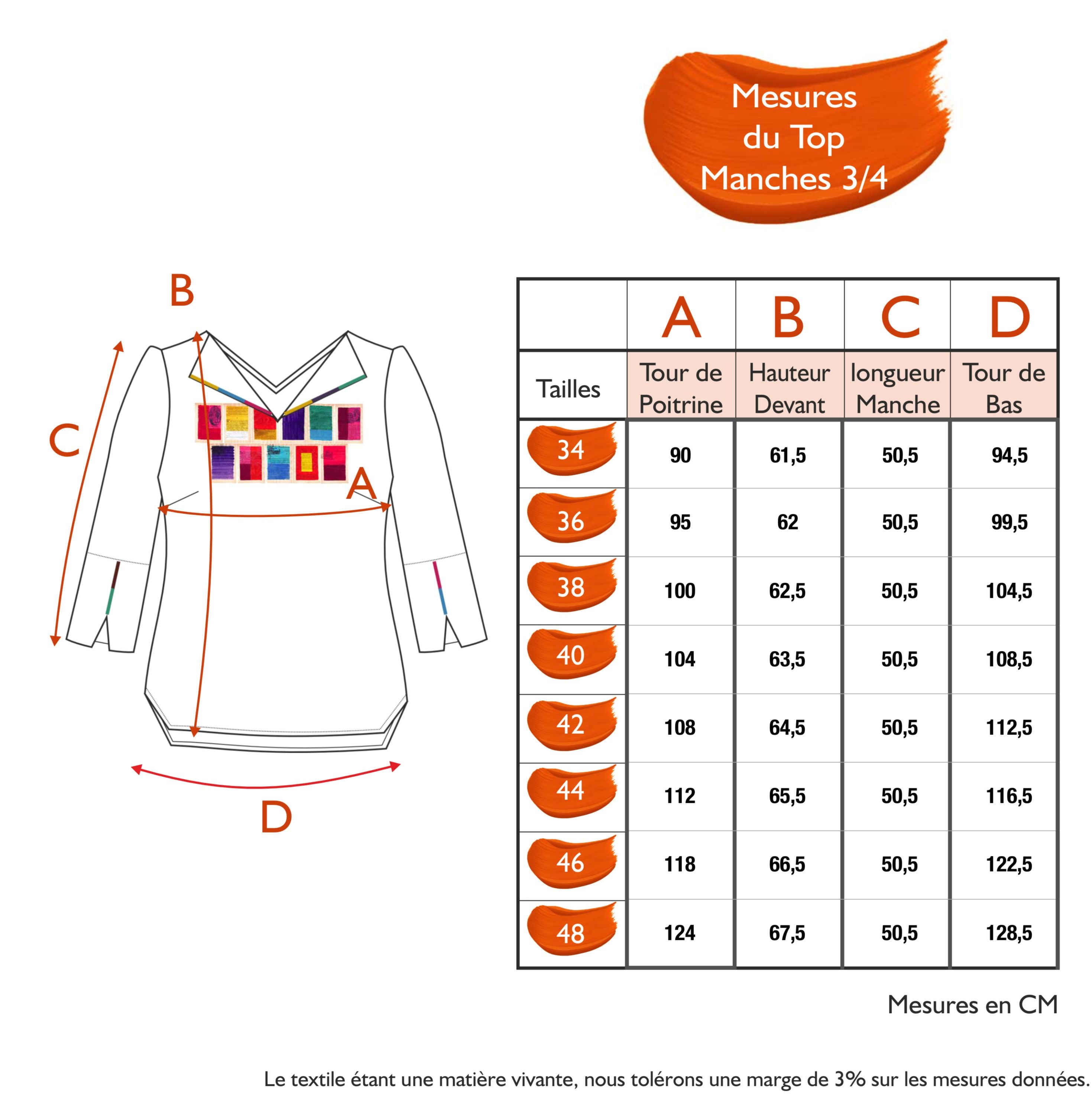 Guide des tailles - LE TOP MANCHES 3/4 | MILLE ET UNE COULEURS