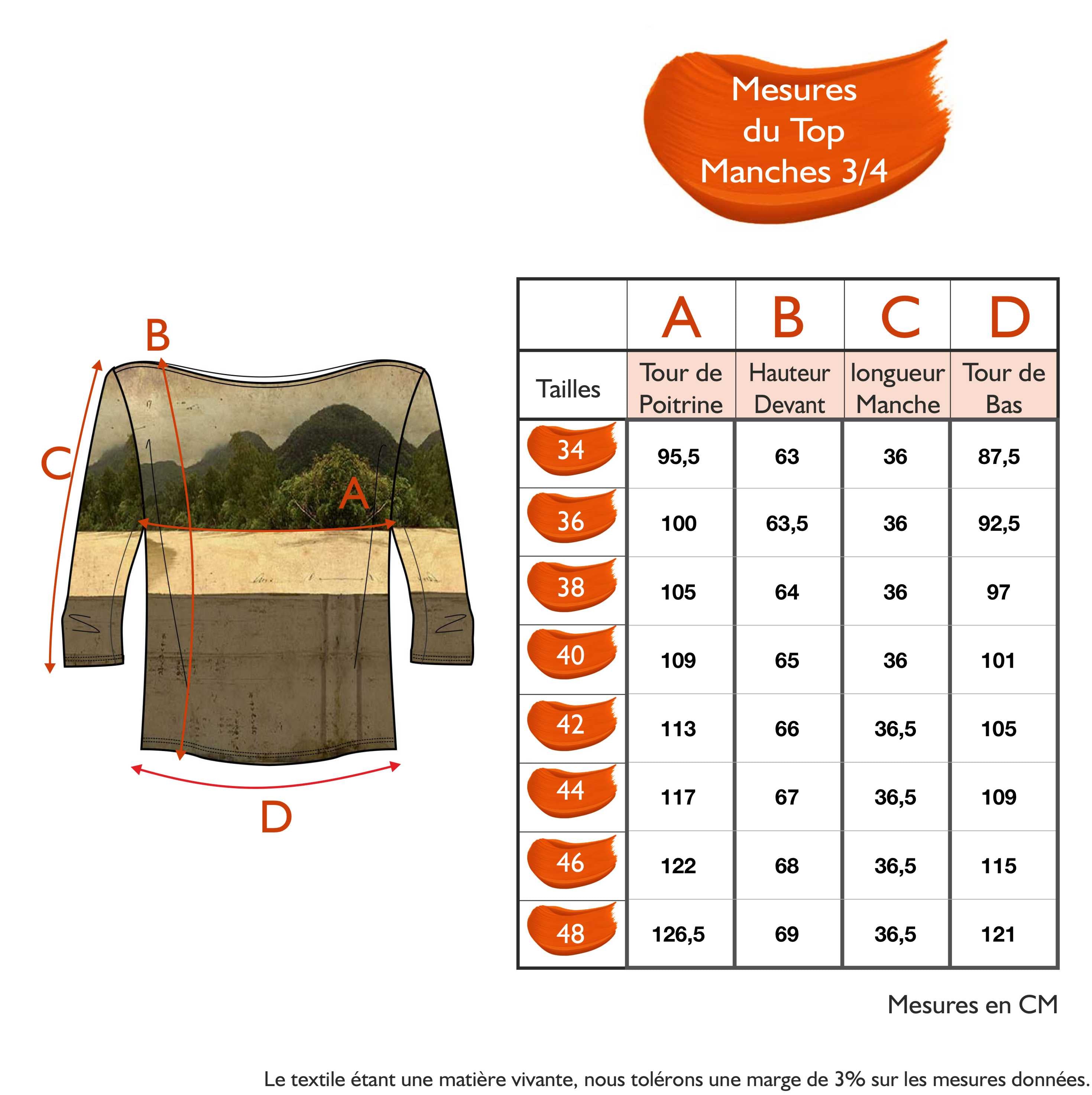 Guide des tailles - LE TOP MANCHES 3/4 | SAFARI