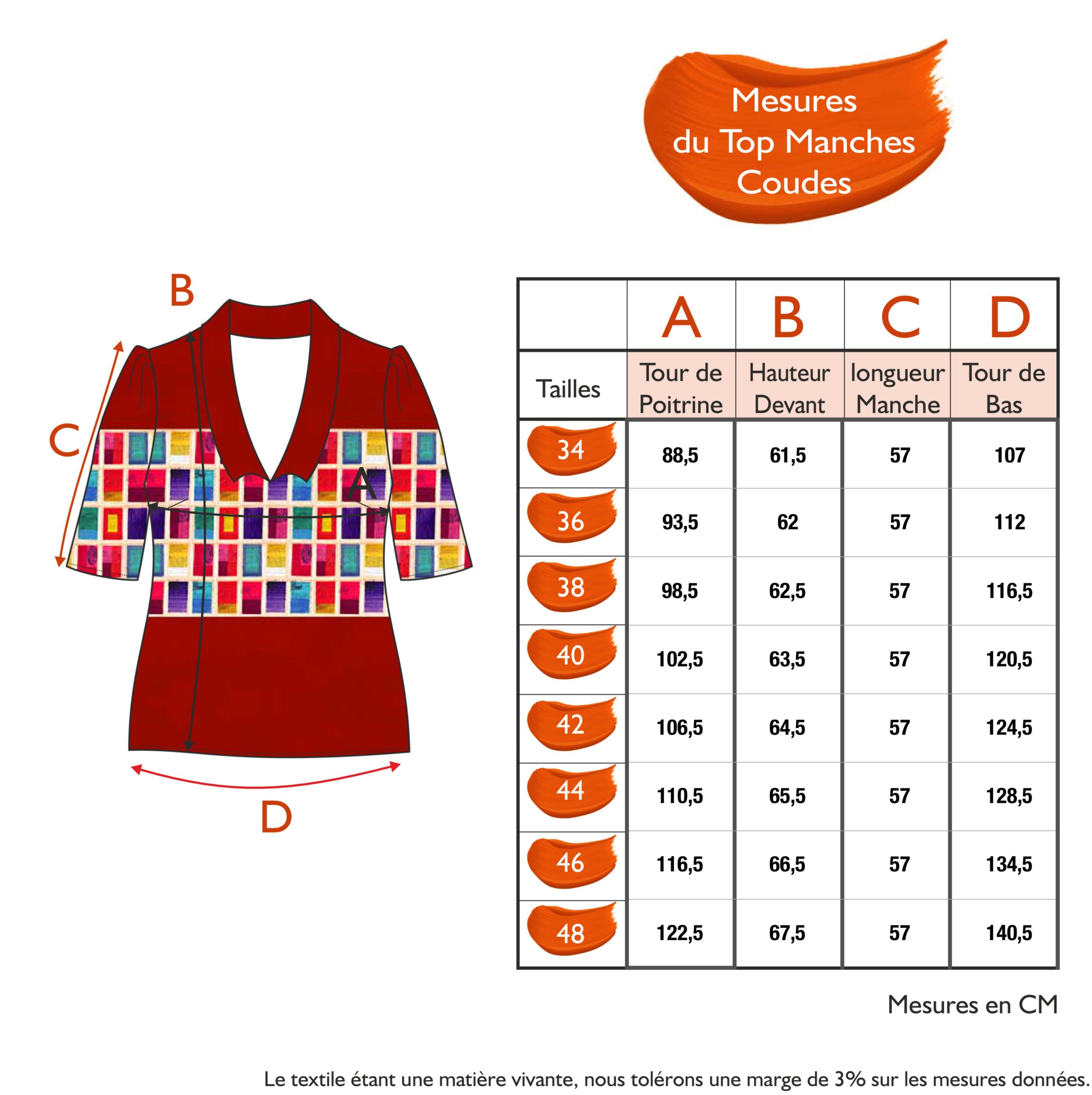 Guide des tailles - LE TOP MANCHES COUDES | MILLE ET UNE COULEURS