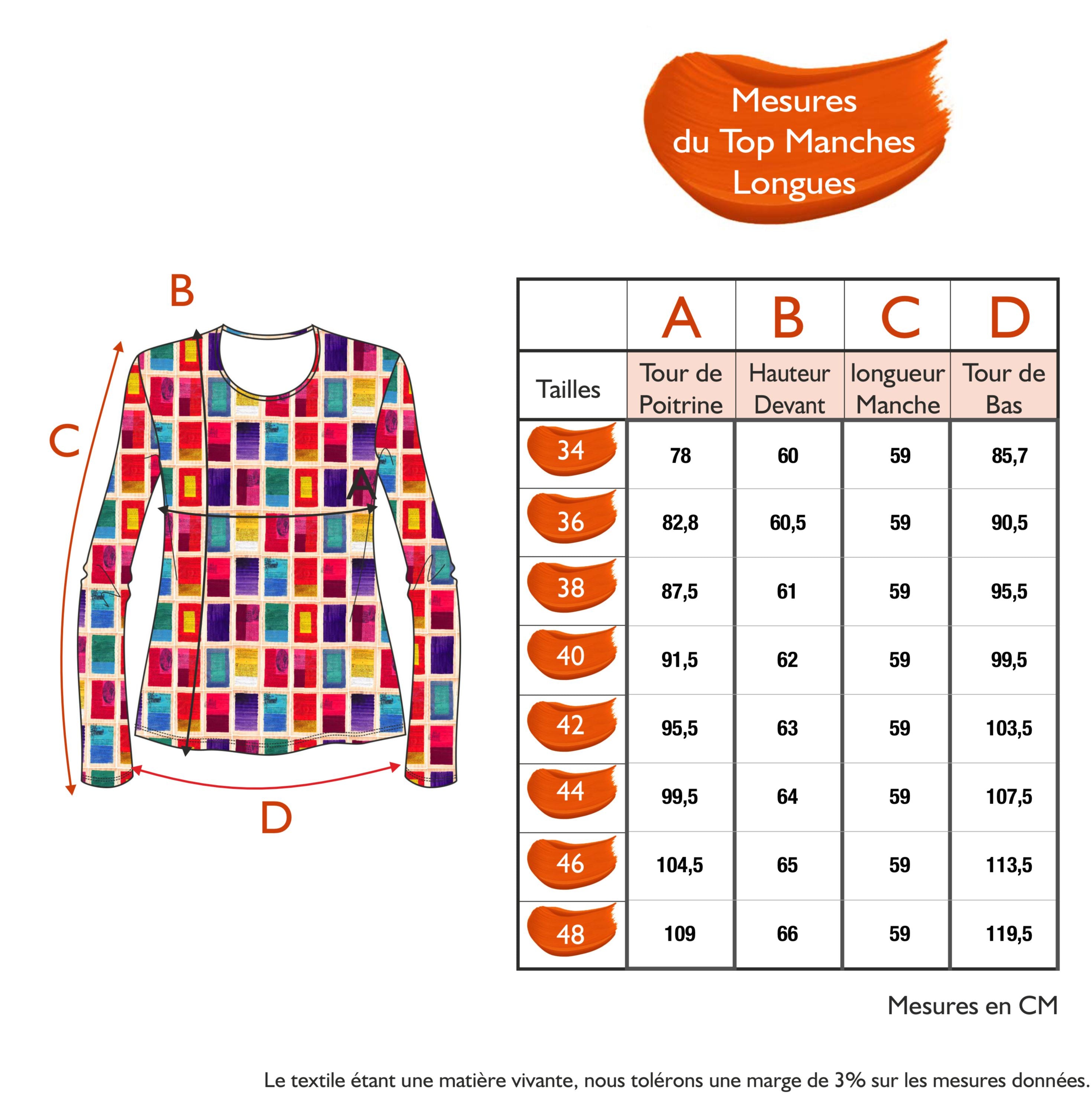 Guide des tailles - LE TOP MANCHES LONGUES | MILLE ET UNE COULEURS