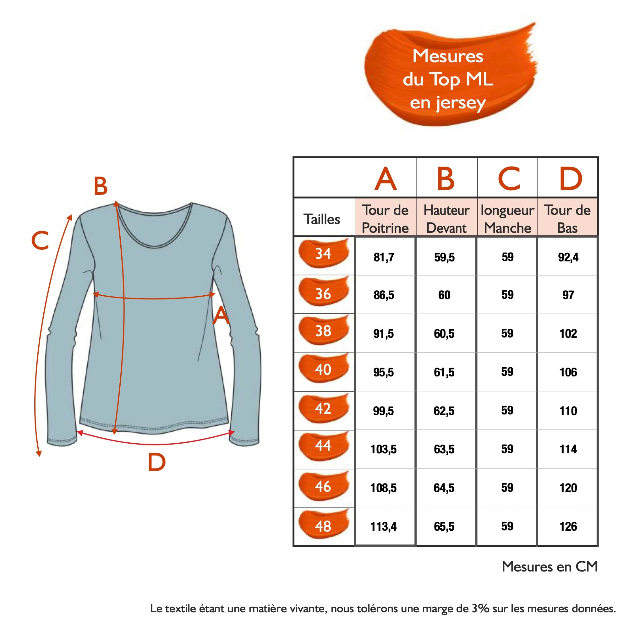 Guide des tailles - LE TOP MANCHES LONGUES EN JERSEY 2025 | PERMANENTS